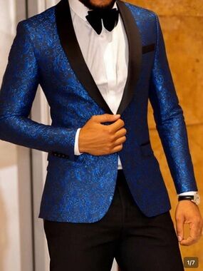 Men's Royal Blue Floral Jacquard Tuxedo Blazer with Black Satin Shawl Lapel